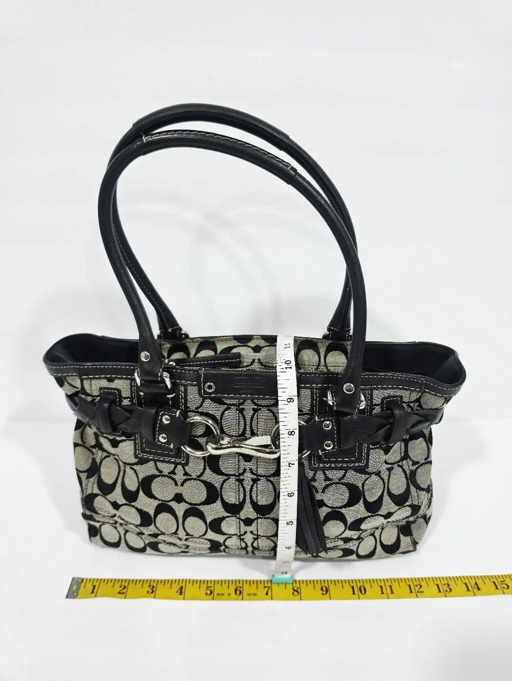 Coach Signature Jacquard Tote Bag Black Ivory Leather Trim F15665
